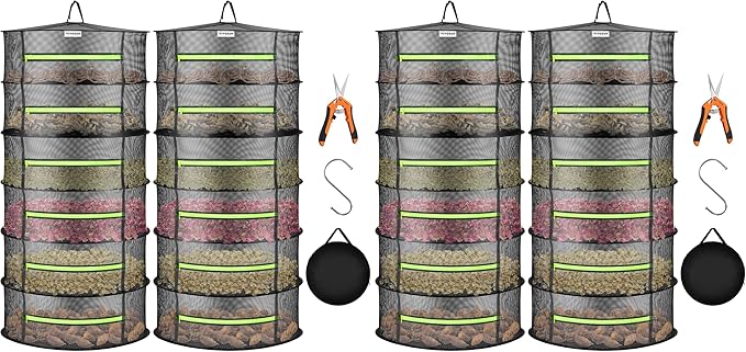 VIVOSUN 4-Pack 6-Layer Mesh Drying Rack Hanging Design with Green Zippers for Dehydrating, Indoor and Outdoor (Pruning Shears Included)