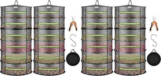 VIVOSUN 4-Pack 6-Layer Mesh Drying Rack Hanging Design with Green Zippers for Dehydrating, Indoor and Outdoor (Pruning Shears Included)