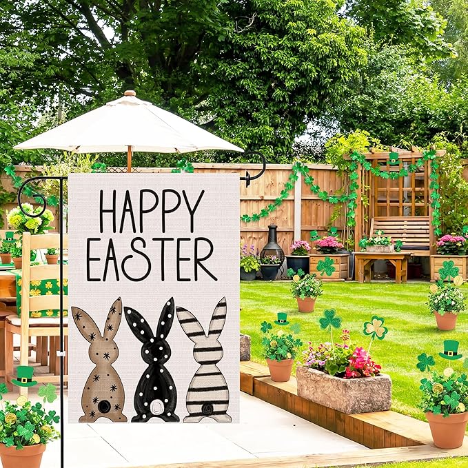 Easter Garden Flag 12x18 Inch Double Sided Outside, Black Bunnies Flag Burlap Happy Easter Welcome Yard Decorations Outdoor