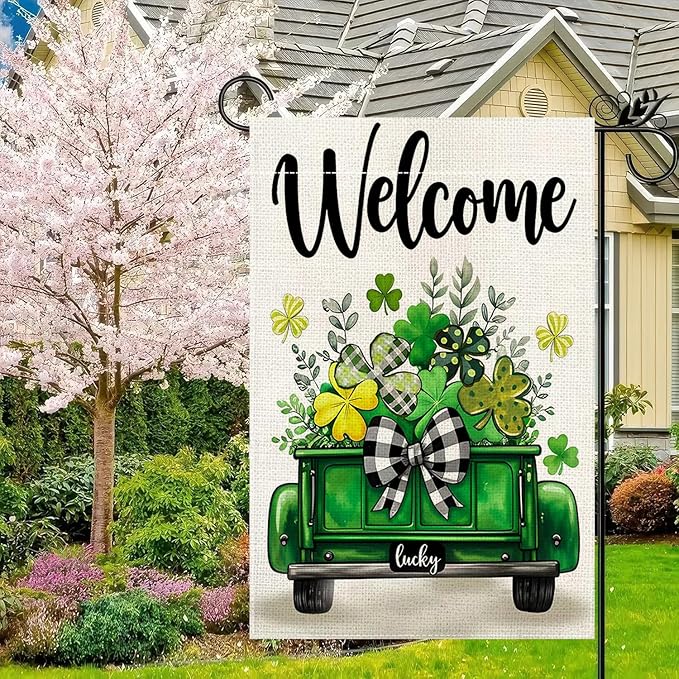 St Patricks Day Truck Garden Flag 12x18 Inch Double Sided Outside Shamrocks Clovers Welcome Yard Flag for Outdoor Farmhouse Holiday Outside Decoration