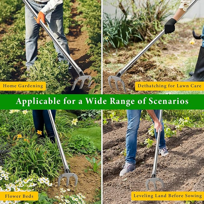 Garden Hand Cultivator Rake: 50inch Long Handle Hoe Garden Tool with Ergonomic D Grip, Heavy Duty Iron 3-Tine Tiller Rakes for Gardening,Cultivating, Planting, Digging, Weeding