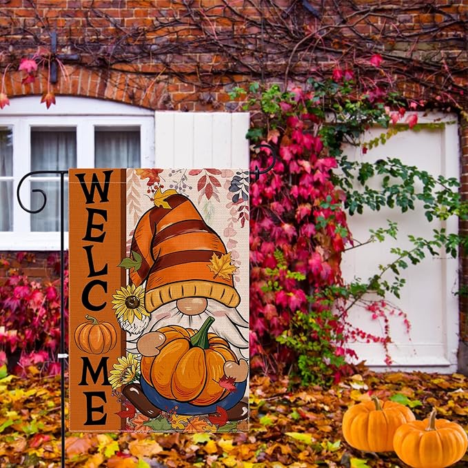 Fall Gnome Garden Flag, Fall Decor Gnomes Yard Flag 12x18 Double Sided Autumn, Autumn Garden Flags Pumpkin Leaves Signs Home Decorations Rustic Welcome Outdoor Farmhouse Thanksgiving
