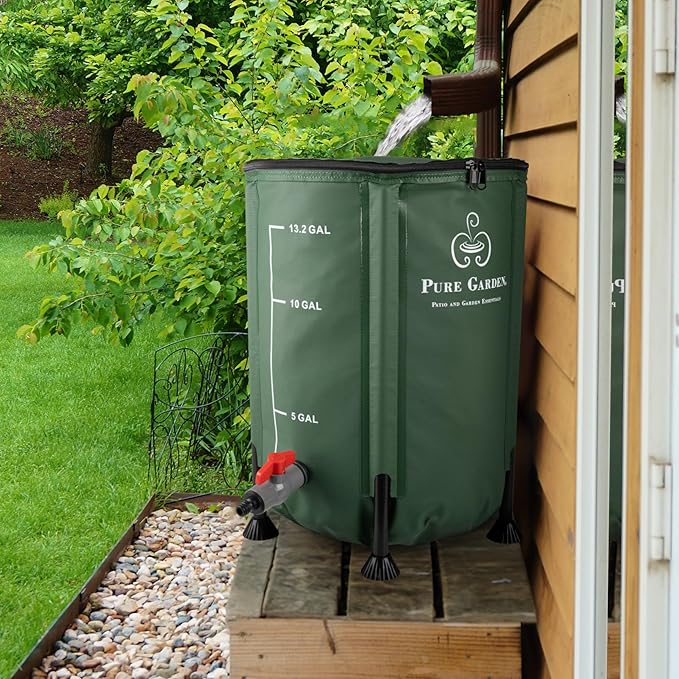 Rain Barrel - 13.2-Gallon/50-Liter Collapsible Water Container for Catching Rainwater - Portable Water Tank with Outflow Valve by Pure Garden (Green)