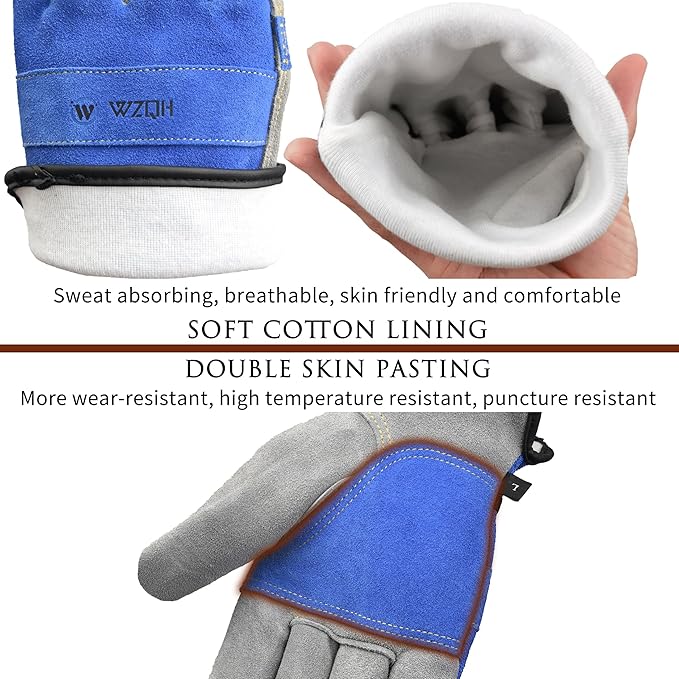Leather Work Gloves for Men or Women. Large Glove for Gardening, Tig/Mig Welding, Construction, Chainsaw, Farm, Ranch, etc. Cowhide, Cotton Lined, Utility, Firm Grip, Durable. Blue-Grey L