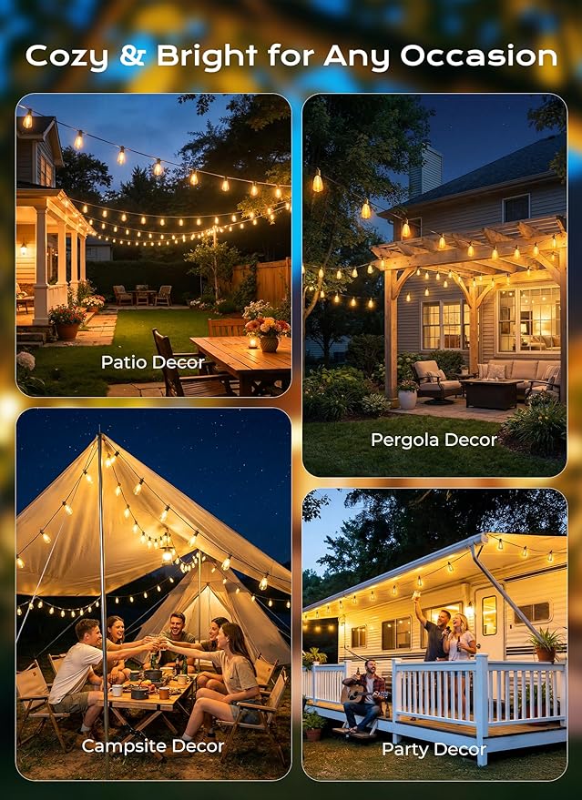 Brightown 151FT Solar String Lights Outdoor Waterproof, Patio Lights with Remote and 48+2 LED Shatterproof Bulbs, Dimmable & Timable, 3 Light Modes, Solar Lights Outdoor for Yard Camping Party Outside