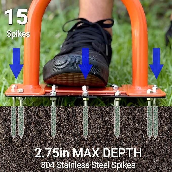 39in Lawn Aerator Spike Tool with 304 Stainless Steel Spikes Heavy Duty Lawn Aerator with Wide Foot Plate Rubber Handle for Soil Aeration, Grass & Yard Care