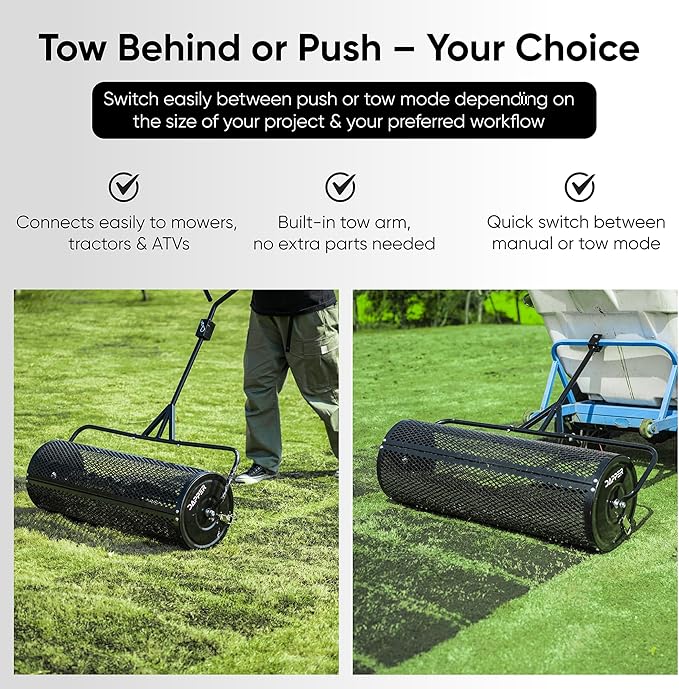 Compost Spreader 36 Inch Towable Peat Moss Spreader, Heavy Duty Rust-Resistant Steel Frame Roller Lawn Spreader for Top Soil, Manure, Mulch, Top Dressing - Garden Spreaders for Lawns