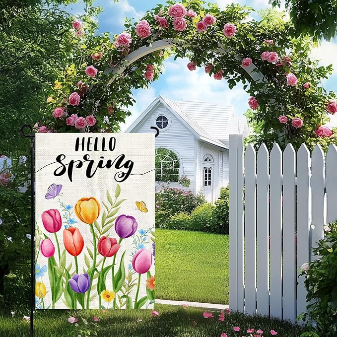 Hello Spring Garden Flag 12x18 Inch, Double Sided Colorful Tulips Flag, Seasonal Flower Yard Outdoor Decoration