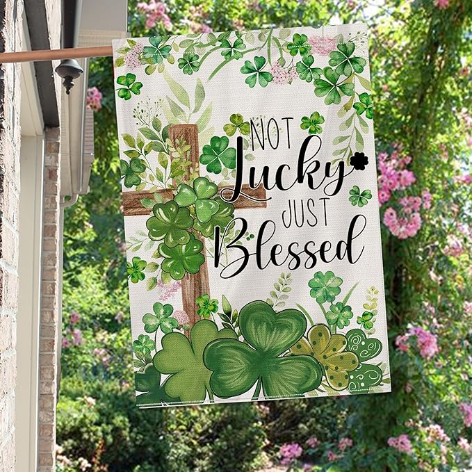 St Patricks Day Flag 28x40 Inch Double Sided Outside, Not Lucky Just Blessed Shamrocks Clovers Cross Burlap Flag Decorations Outdoor Yard Decor