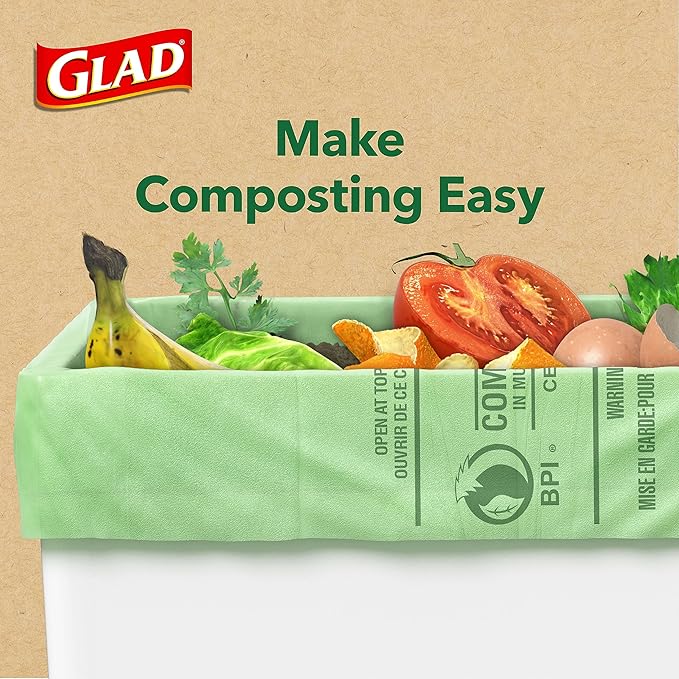 Glad Trash Bags, Kitchen Compost Bags 2.6 Gallon Garbage Bags, 100% Compostable Bag, Febreze Lemon, 44 Count (Package May Vary), Light Yellow