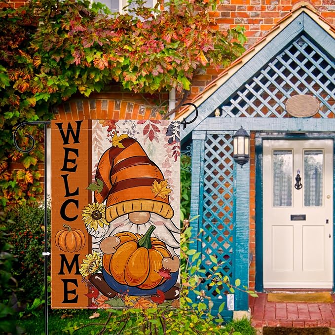 Fall Gnome Garden Flag, Fall Decor Gnomes Yard Flag 12x18 Double Sided Autumn, Autumn Garden Flags Pumpkin Leaves Signs Home Decorations Rustic Welcome Outdoor Farmhouse Thanksgiving
