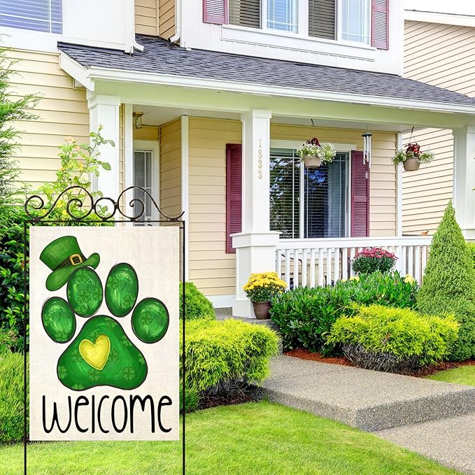 Welcome St Patricks Day House Flags for Outdoor Decoration, Dog Paw with Green Hat Lucky Shamrocks Large Yard Flag, Decorative Irish Celebration Decor for Seasonal Farmhouse Holiday Outside