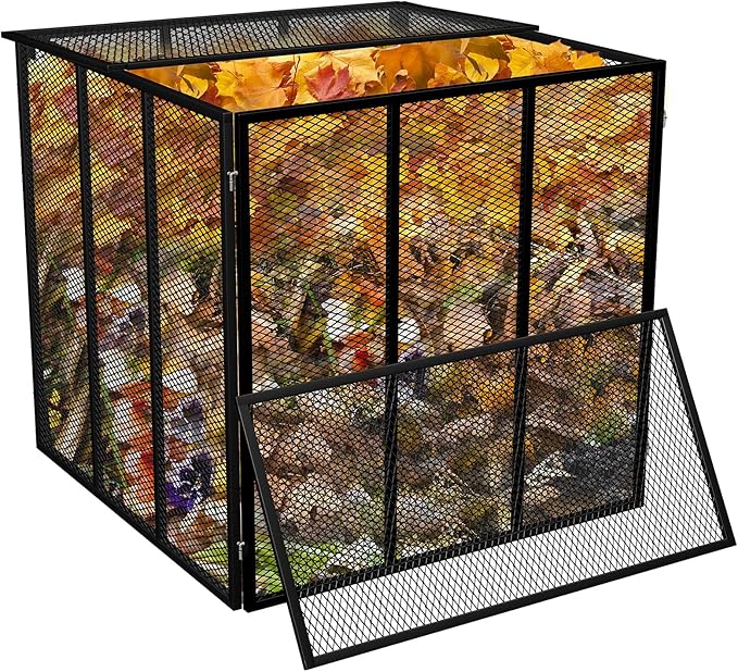 Large Compost Bin Outdoor,172 Gallon Metal Wire Mesh Compost Bins+Lid, Rust-Resistant Coating, Easy-to-Assemble Square Garden Compost Bin for Yard Waste, Fallen Leaves, Kitchen Scraps, 37x37x30 inches