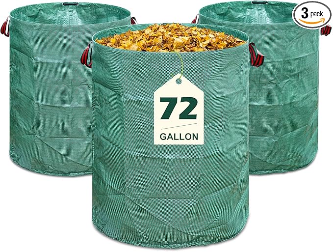 72 Gallons Reusable Yard Waste Bags, 3 Pack Lawn and Leaf Bags with Gardening Gloves, Heavy Duty Garden Waste Bags with 4 Reinforced Handles for Debris Leaves Grass