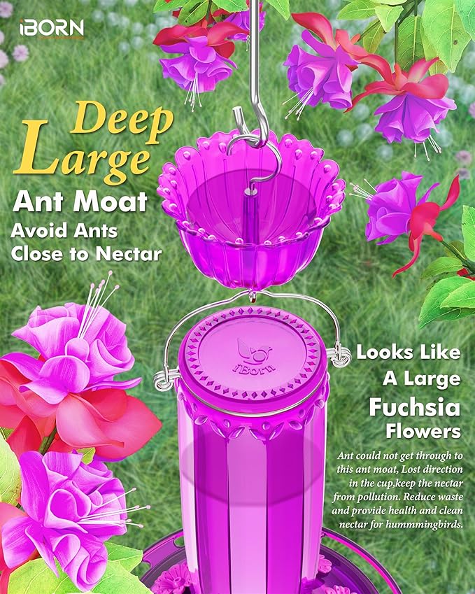 iBorn Hummingbird Feeder for Outdoors Hanging with Ant Moat for Hummingbird Feeder 8 Ports for 16oz Hummingbird Nectar, Pack of 2, Red Bottle Red Base & Fuchsia Bottle Fuchsia Base