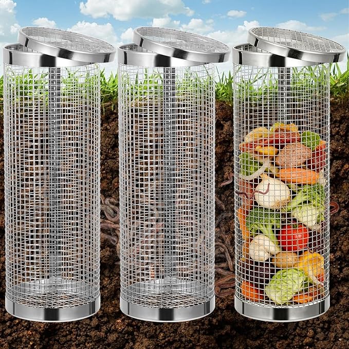 3PCS Inground Worm Composting Bin Reduce Food Waste and Increase Soil Fertility Stainless Steel Worm Farm Composter with Holes and Lid