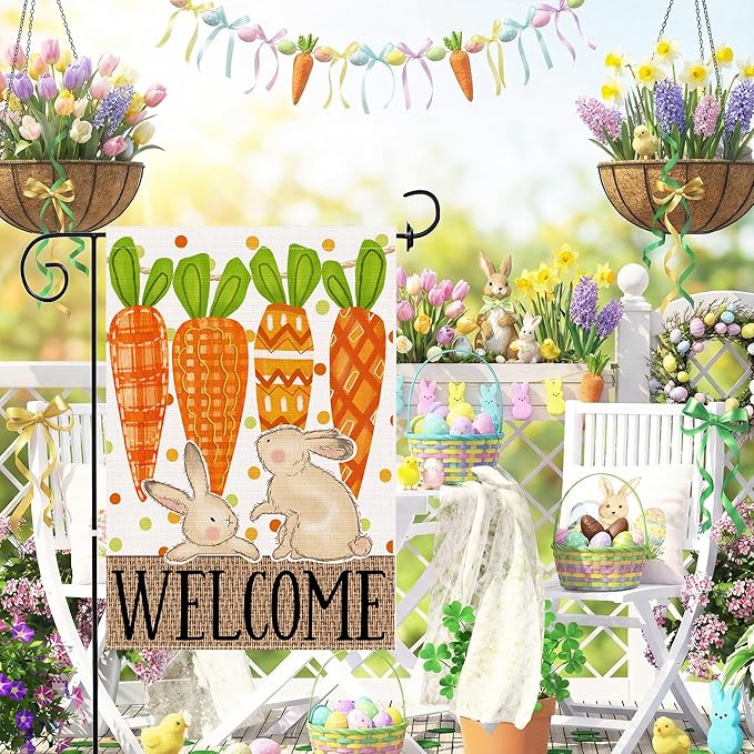 Easter Garden Flag 12x18 Inch Double Sided Outside, Carrots Bunny Easter Flag Burlap Decorations Outdoor Yard
