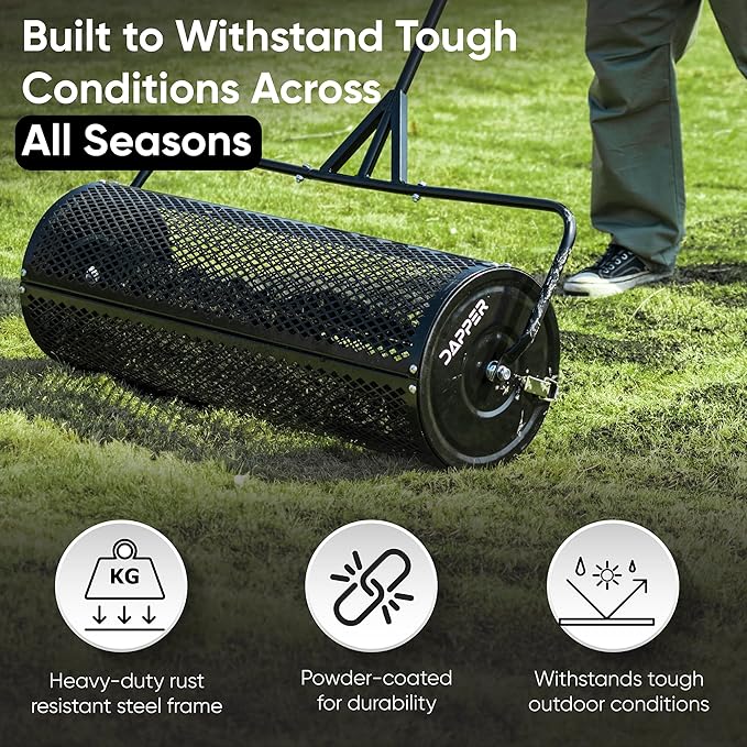 Compost Spreader 36 Inch Towable Peat Moss Spreader, Heavy Duty Rust-Resistant Steel Frame Roller Lawn Spreader for Top Soil, Manure, Mulch, Top Dressing - Garden Spreaders for Lawns