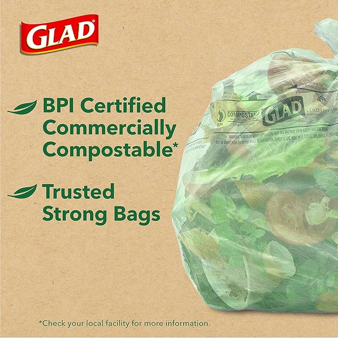 Glad Trash Bags, Kitchen Compost Bags 2.6 Gallon Garbage Bags, 100% Compostable Bag, Febreze Lemon, 44 Count (Package May Vary), Light Yellow