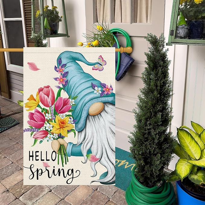 Hello Spring Gnome Garden Flag 28x40 Double Sided Burlap Butterfly Floral Yard Banner for Summer Rustic Seasonal Outside Outdoor House Decoration (ONLY FLAG)