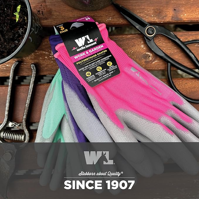 Wells Lamont Gardening Gloves for Women – Breathable Polyester, Seamless Fit – PU-Coated Palm for Grip & Durability – Elastic Wrist – Pink/Green/Purple, Medium, Pack of 3 (413MF)