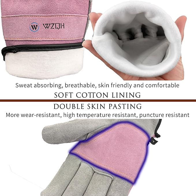Leather Work Gloves for Men or Women. Small Glove for Gardening, Tig/Mig Welding, Construction, Chainsaw, Farm, Ranch, etc. Cowhide, Cotton Lined, Utility, Firm Grip, Durable. Pink-Grey S