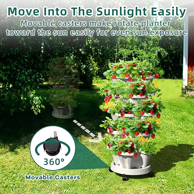 Strawberry Vertical Planters Tower Garden 3 Pack, 7 Tiered Stacking Herb Vegetable Planter with Support Pole Indoor and Outdoor - Black