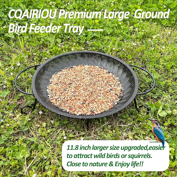Upgraded Ground Platform Bird Feeder Tray,11.8” Stainless Steel Large Bird Feeder Mesh Seed Tray with A Exquisite Tray Station,Attract Wild Birds,Great Decoration for Garden Backyard