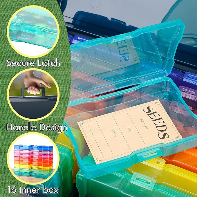 Dark Green Seed Packets Storage Organizer For Gargen Planting，16pcs 4×6 inch Colorful Seed Boxes With 16 pcs seed bags