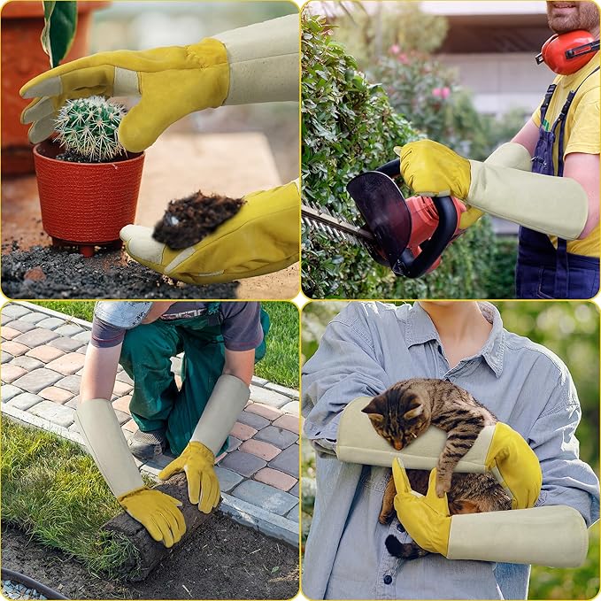 HANDLANDY Rose Pruning Gardening Gloves for Men Women, Thorn Proof Forearm Protection Leather Garden Gloves, Gardening Gifts for Gardeners (Butter Yellow, Medium)