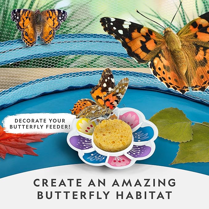 National Geographic Butterfly Growing Kit - Butterfly Habitat Kit with Voucher to Redeem 5 Caterpillars (S&H Not Included), Butterfly Cage, Feeder, Easter Basket Gifts for Kids