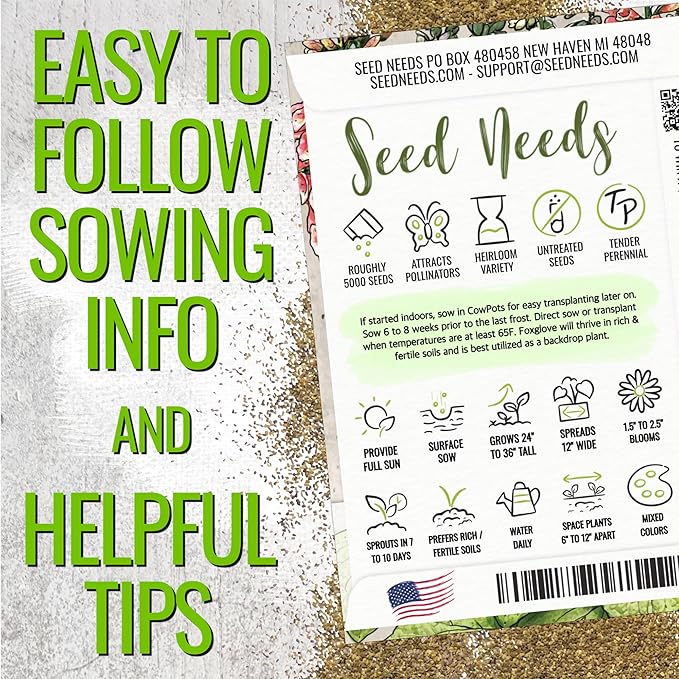 Seed Needs Foxglove Seeds for Planting Excelsior Mix Fox Glove - Heirloom & Open Pollinated Flowers to Plant an Outdoor Butterfly Garden with Colorful Wildflowers (1 Pack)