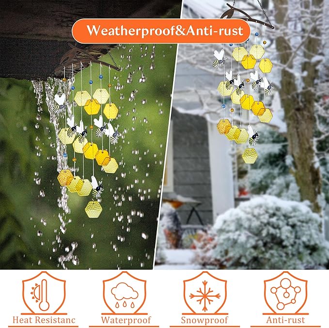 YU FENG 20" Bee Wind Chime for Outside Honeycomb Bees Decorative Hanging Suncatcher for Garden Patio Yard Ornament for Christmas Tree