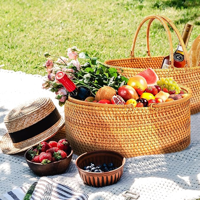 Handwoven Rattan Picnic Basket Sturdy Handles, Oval Storage Organizer for Camping, Wedding, Home, Kitchen(15"×13"×8")