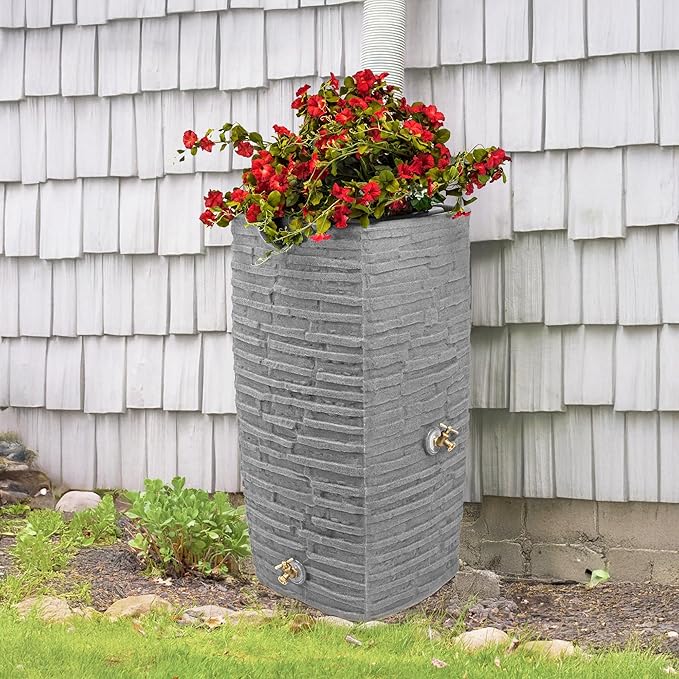 Good Ideas Impressions Riverwalk 50 Gallon Faux Slate Surface Dual Spigot Rain Barrel with 2 Brass Spigots and Screen, Dark Granite (2 Pack)