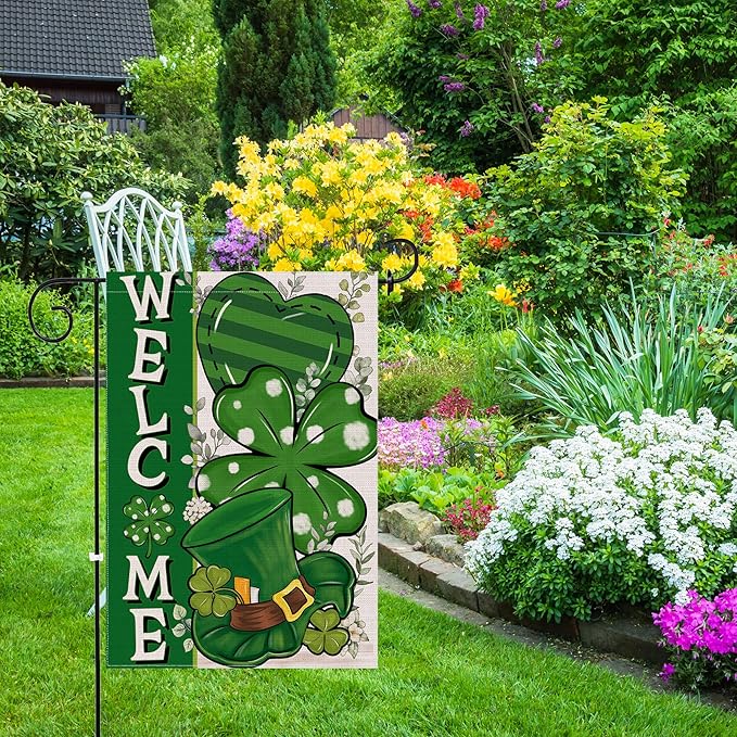 St Patricks Day Garden Flag, St Patricks Day Outdoor Decor Shamrock Clovers Yard Flag 12x18 Double Sided Green, St Patricks Day Decorations Burlap Garden Flags Rustic Welcome Outdoor Farmhouse