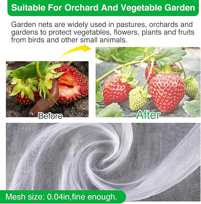 Garden Netting Kit - 10*50FT Ultra Fine Plant Netting Mesh Covers Row Net Protection For Tree Fruit Barrier Vegetable Fruits Flowers Shrubs Plant Covers (6 Pcs Garden Hoops & 18 Clips)