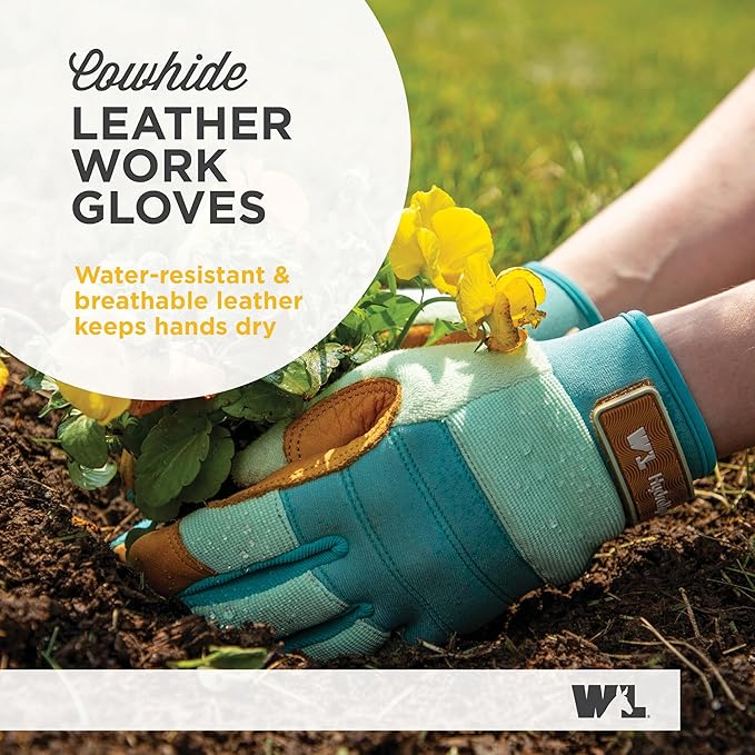 Wells Lamont Women's HydraHyde Leather Hybrid Gloves – Water-Resistant, Durable Cowhide Palm, Spandex Stretch Back – Ideal Landscaping/Farming/Gardening Gloves – Adjustable Wrist (3250S) (Pack of 2)