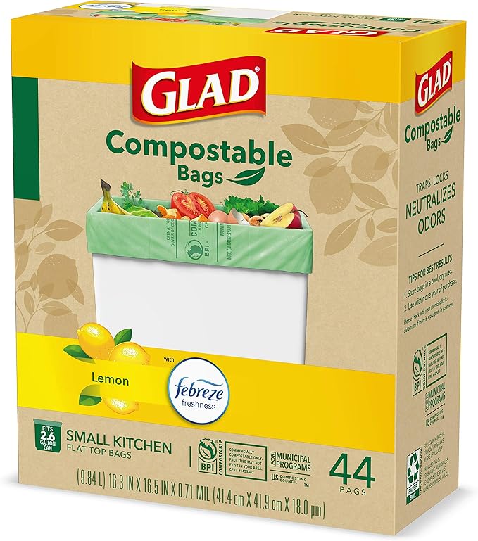 Glad Trash Bags, Kitchen Compost Bags 2.6 Gallon Garbage Bags, 100% Compostable Bag, Febreze Lemon, 44 Count (Package May Vary), Light Yellow