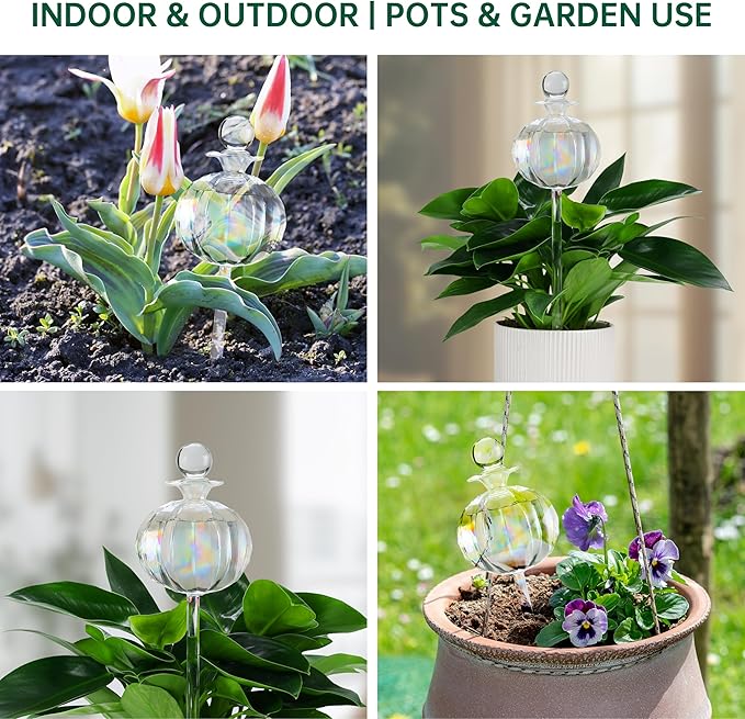 10 oz Large Top Fill Cactus Plant Self Watering Globes, Light Iridescent Glass Water Bulbs, Slow Release Watering Devices System Indoor | Outdoor Everyday Use, Water Spikes Stakes, 2 Pack
