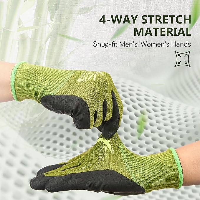COOLJOB 2 Pairs Gardening Gloves for Women and Men, Bamboo Working Gloves Touchscreen, Grippy Nitrile Rubber Coated Work Gloves, Green/Black, Small Size (2 pairs S)
