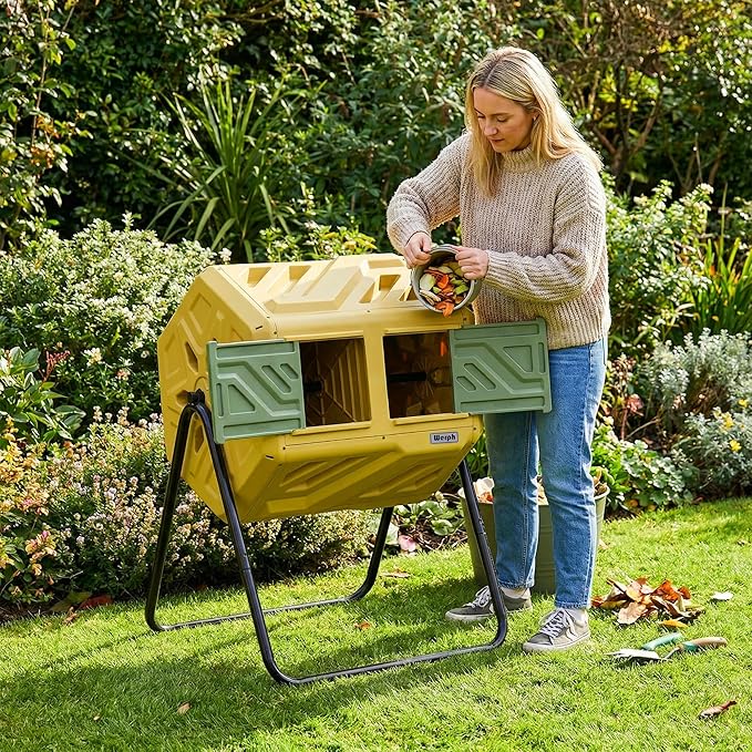 Updated 43 Gallon Dual-Chamber Compost Bin, Fast Assembly Outdoor Compost Tumbler, Rotating Batch Composter Bin with Gloves for Garden, Kitchen, and Yard