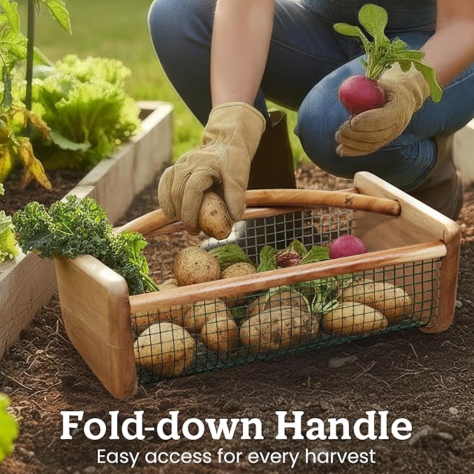 HOMESTEAD Garden Hod Harvest Basket, Durable Acacia Wood Frame with Rotating Handle, Farmhouse Basket for Home Improvement, Gardening, Farm, Kitchen, Indoor Outdoor Use