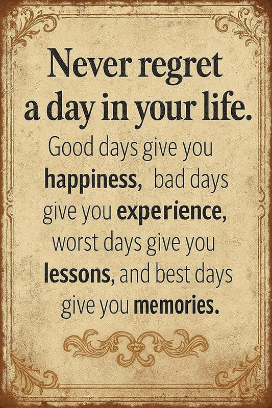 Vintage Inspirational Quote Metal Sign – Never Regret a Day in Your Life - Motivational Wall Art for Office, Home, or Classroom – Positive Gift for Friends, Coworkers, and Graduates (Never regret)