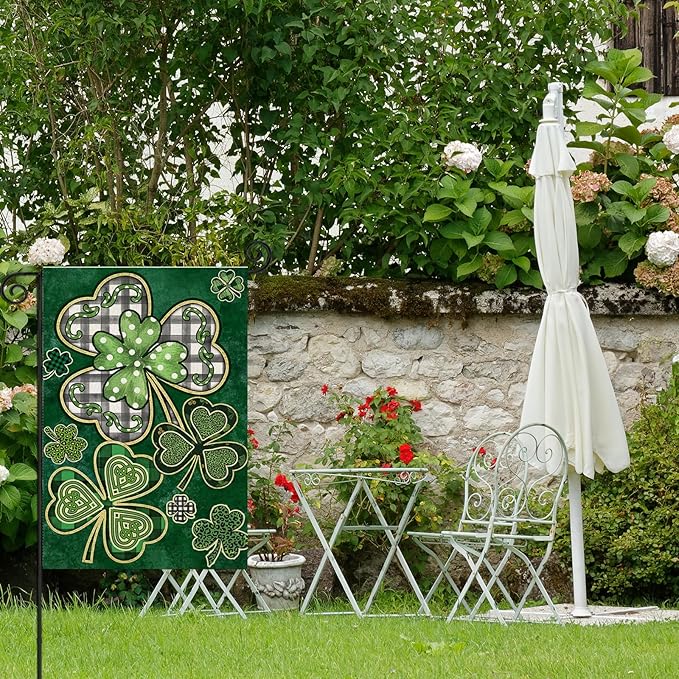 St Patricks Day Garden Flags 12x18 Inch Double Sided, Irish Celtic Shamrocks Small Seasonal Decoration for Holiday Anniversary Yard Outside Outdoor Decor