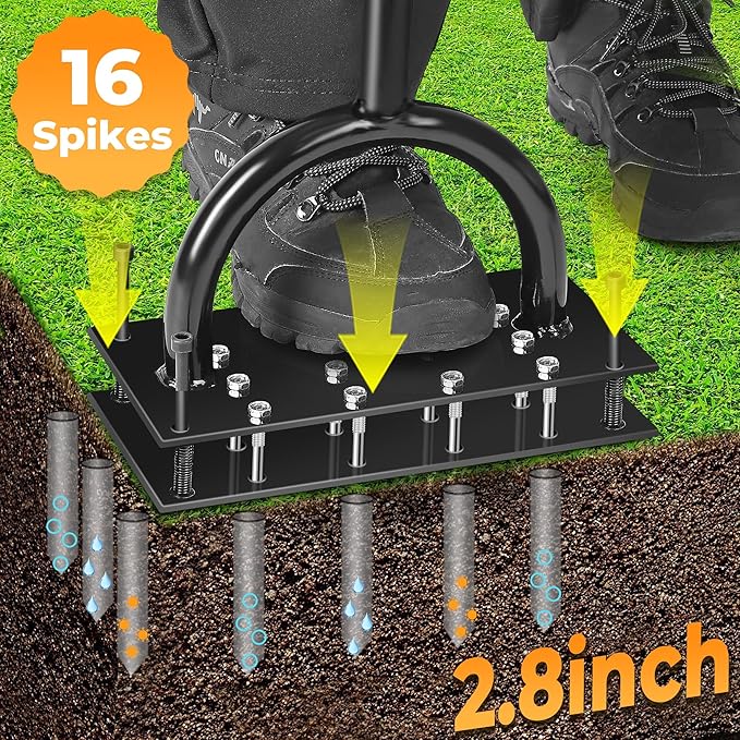 Lawn Aerator, Aerator Lawn Tool with 16 Spikes Spring Base and Gloves Pre-Assembled Manual Yard Aerator Tool Automatic Leaf and Dirt Cleaning for Yard Lawn Garden Aeration