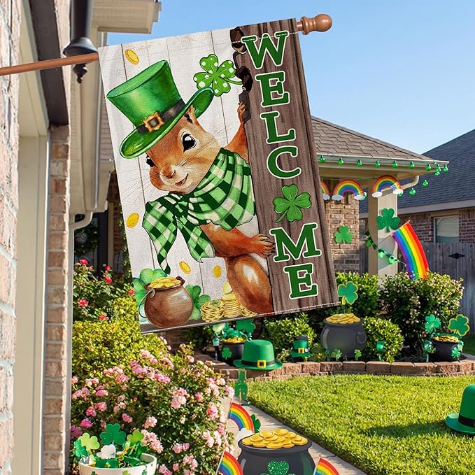 St Patricks Day Flag 28x40 Inch Double Sided Outside, The Squirrel Lucky Shamrock Burlap Flags Decorations, Green Hat with Clovers Gold Coin Pot Outdoor Decor