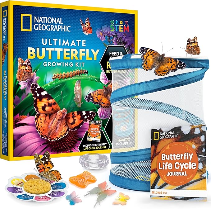 National Geographic Ultimate Butterfly Growing Kit – Butterfly Habitat Kit with Voucher to Redeem 5 Caterpillars (S&H Not Included), Glow-in-The-Dark Figures, Hands-On Activity, Easter Gifts for Kids