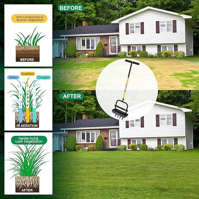 Adjustable Lawn Aerator Coring Tool with Soil Core Collection Tray, 4 Tines Manual Yard Air Grass Aerator Gardening Tool for Lawn Care Courtyards, 38''