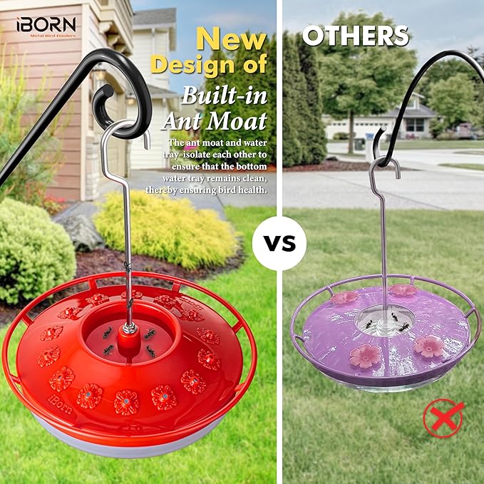 iBorn Hummingbird Feeders for Outdoors Hanging,Bee Proof Hummingbird Feeder with 14 Feeding Ports,13 OZ Saucer Humming Bird Feeders with Ant Moat,Ant Proof No Leak,Easy to Clean and Refill,2 Pack,Red
